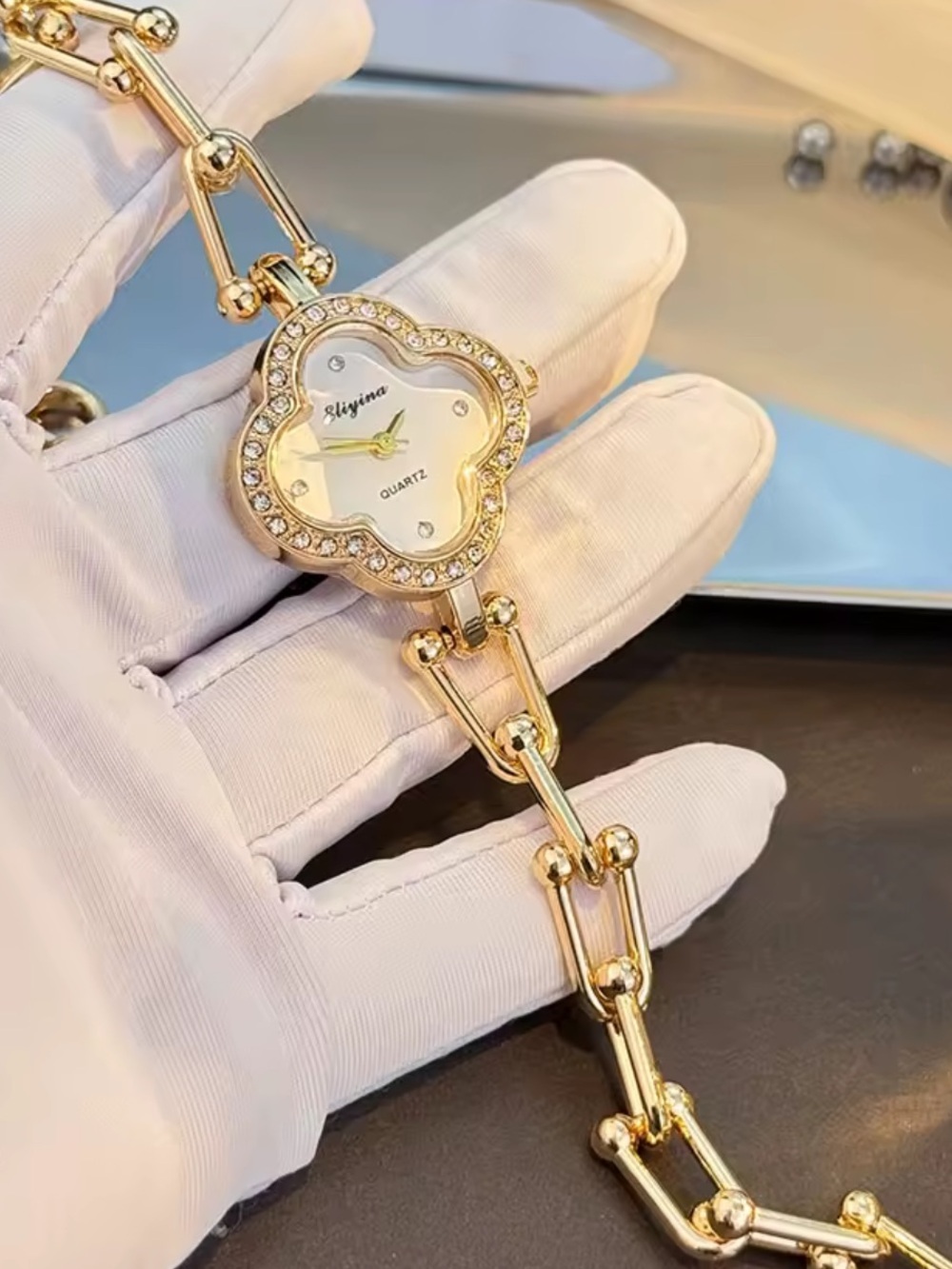 Anthropologie Luxury Gold Crystal Floral Bracelet Watch - Gold - Picture 4 of 4